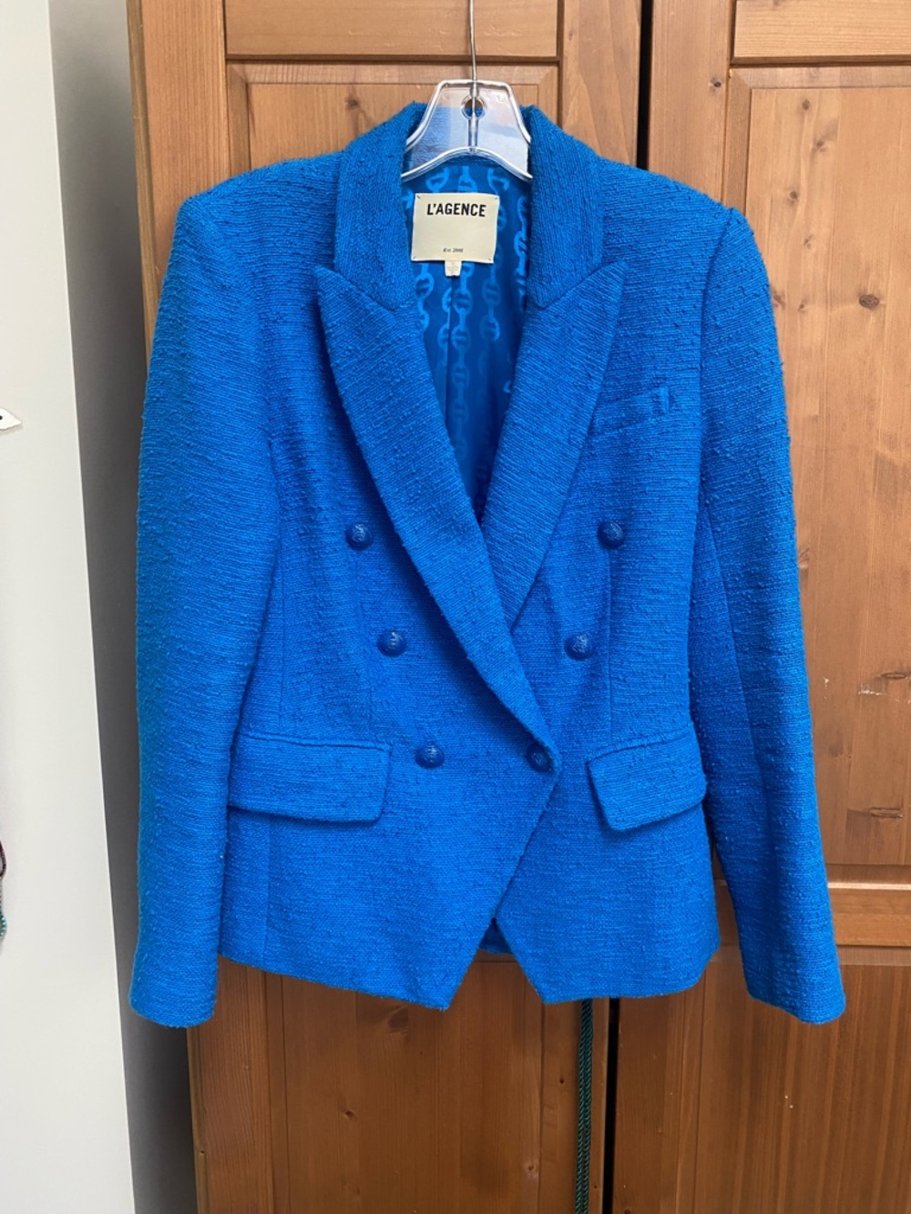 L'AGENCE Double-Breasted Cobalt Blue Tweed Blazer